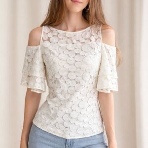 Anne Fontaine White Cold Shoulder Ruffle Sheer Lace Blouse FR 36 US S (4)
